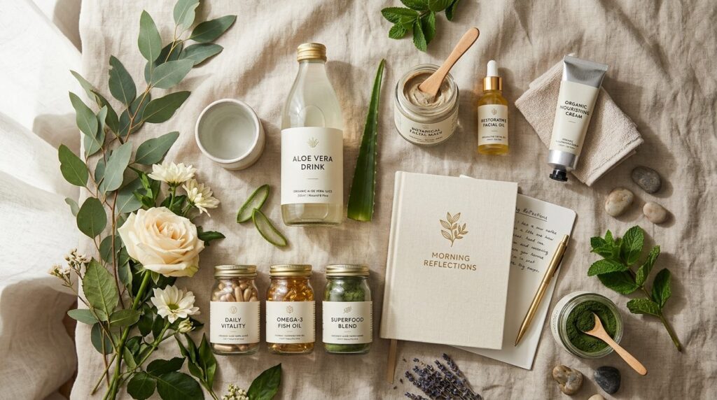 Overhead flat lay photorealistic image of wellness morning r