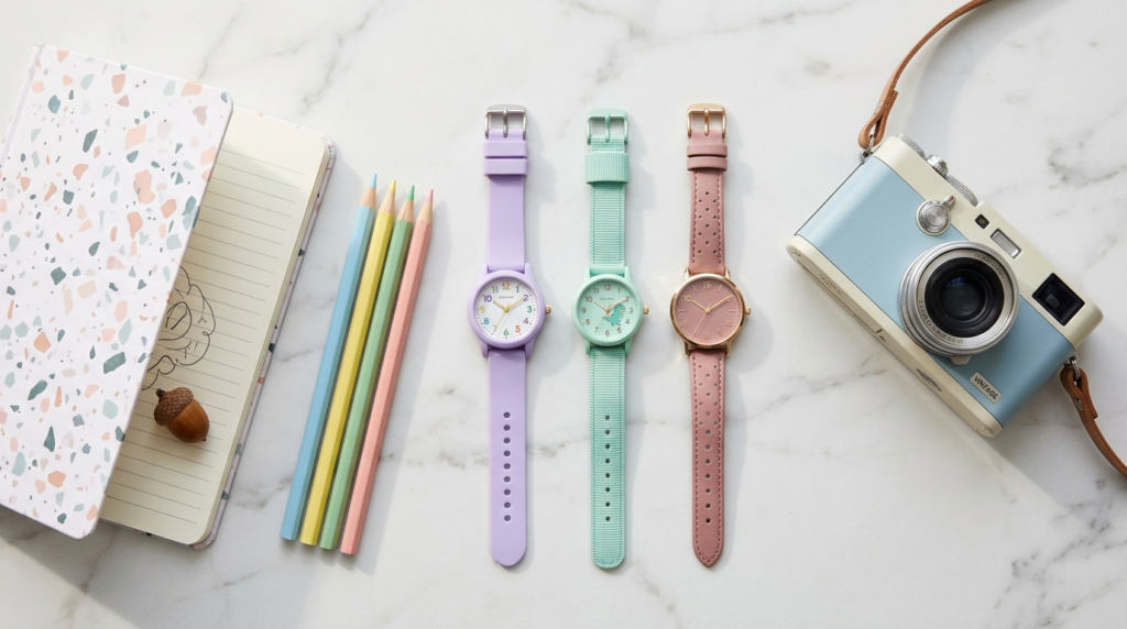 Flat lay product photography of three stylish childrens wat
