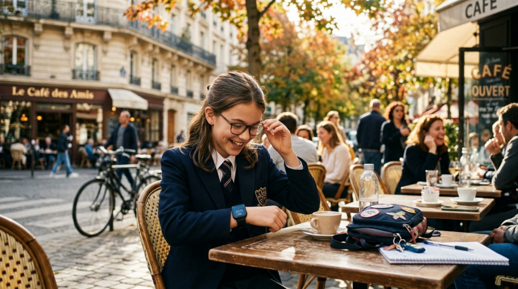Candid lifestyle shot of a young girl in school uniform chec