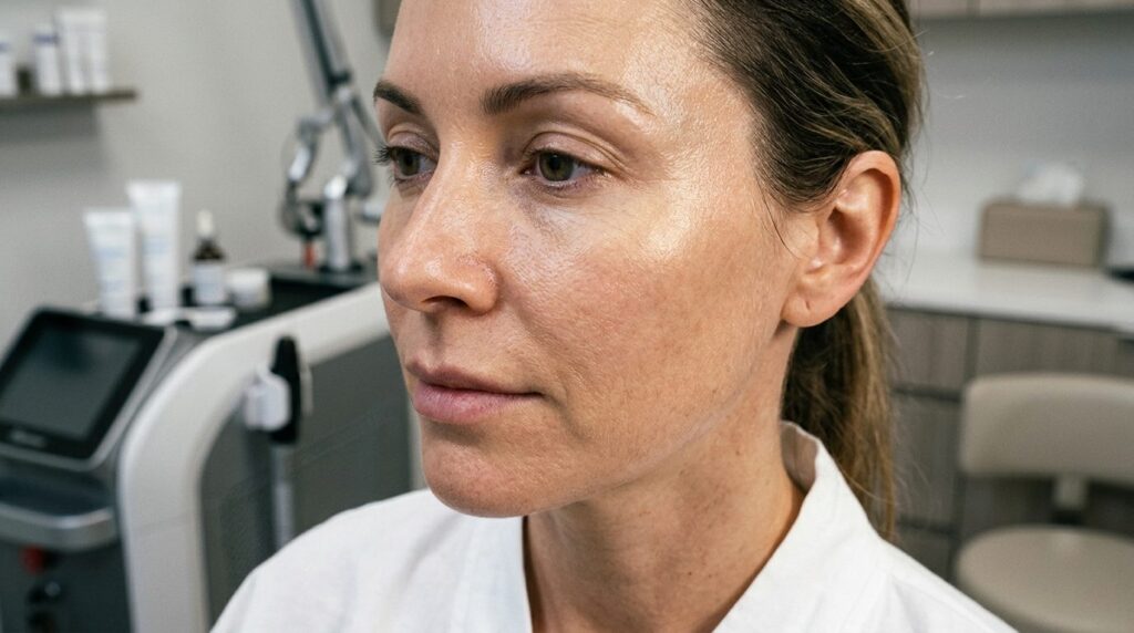 Clinical close-up of glowing, radiant skin texture showing n