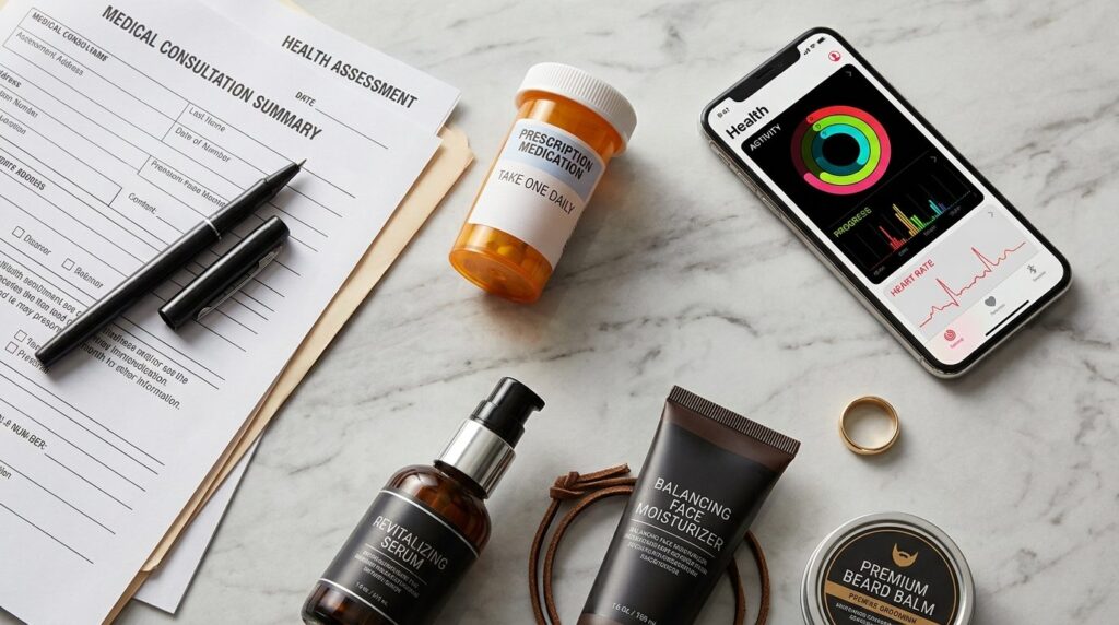 Overhead flatlay of modern mans health and wellness essenti