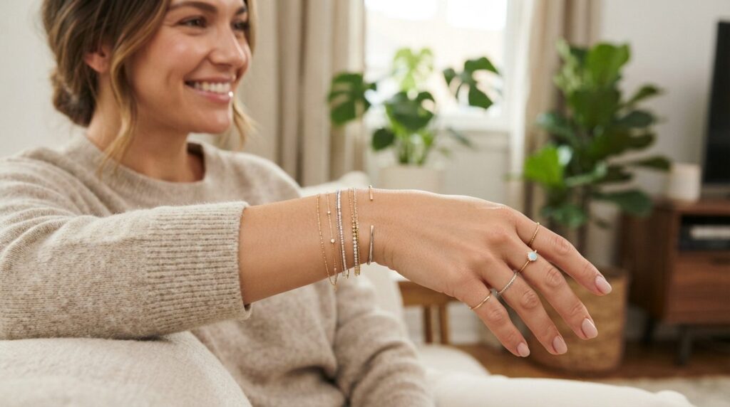 Womans arm and hand showcasing hypoallergenic jewelry inclu