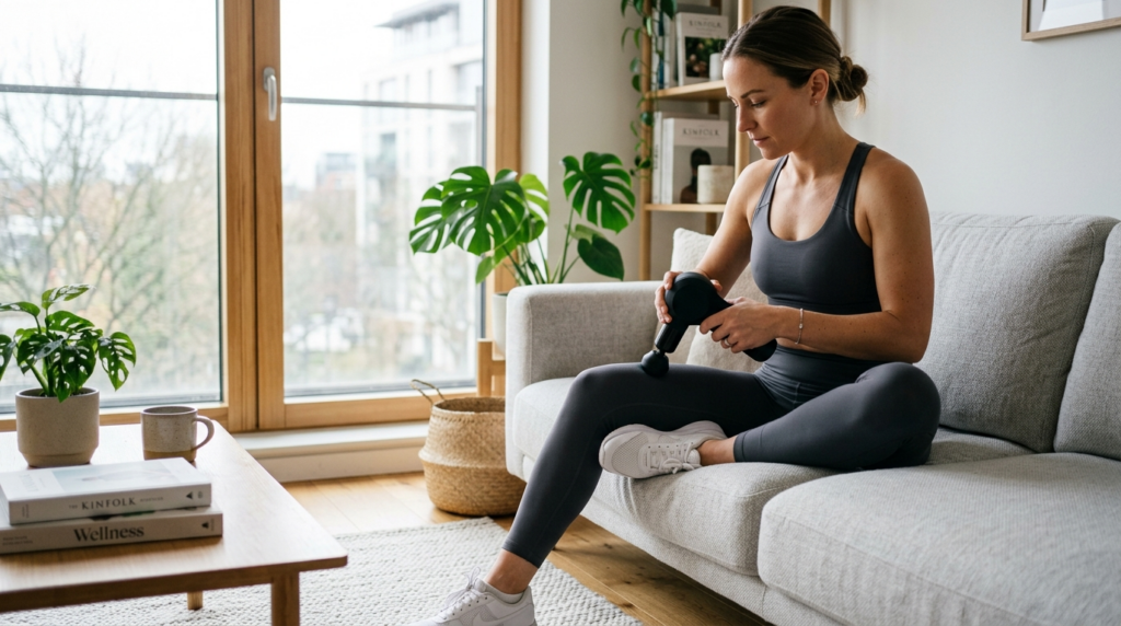 Close-up of a woman in stylish athleisure wear using a handh
