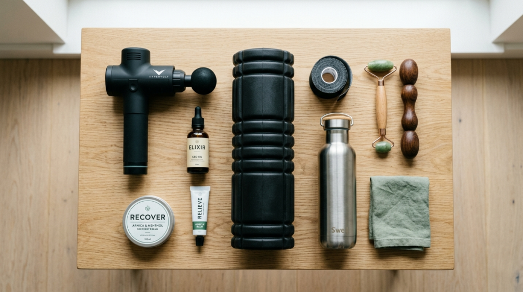 Flat lay composition of premium recovery and massage wellnes