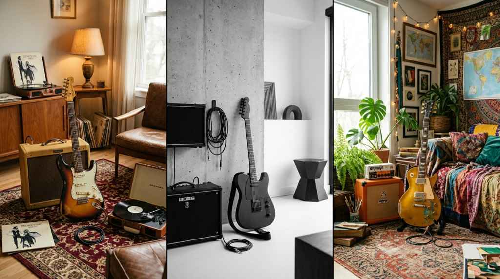 Split-screen visual of three different electric guitar style